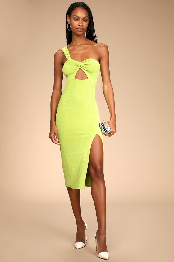 Lime Green Midi Dress - One-Shoulder ...